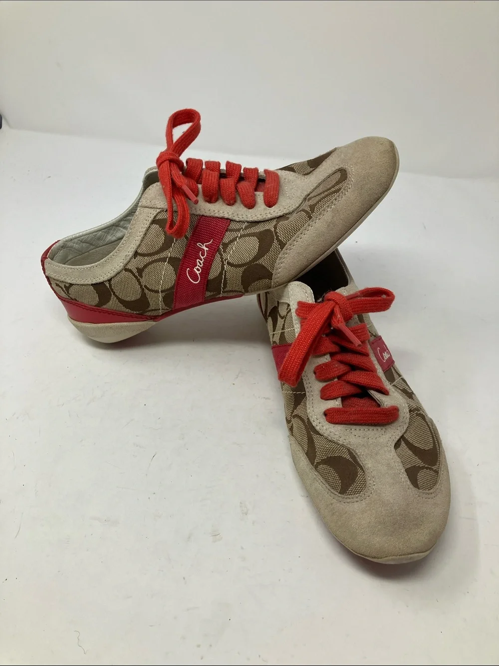 Coach Baylee Signature C Canvas Suede Sneakers Red Tan Sz 7.5 A1474